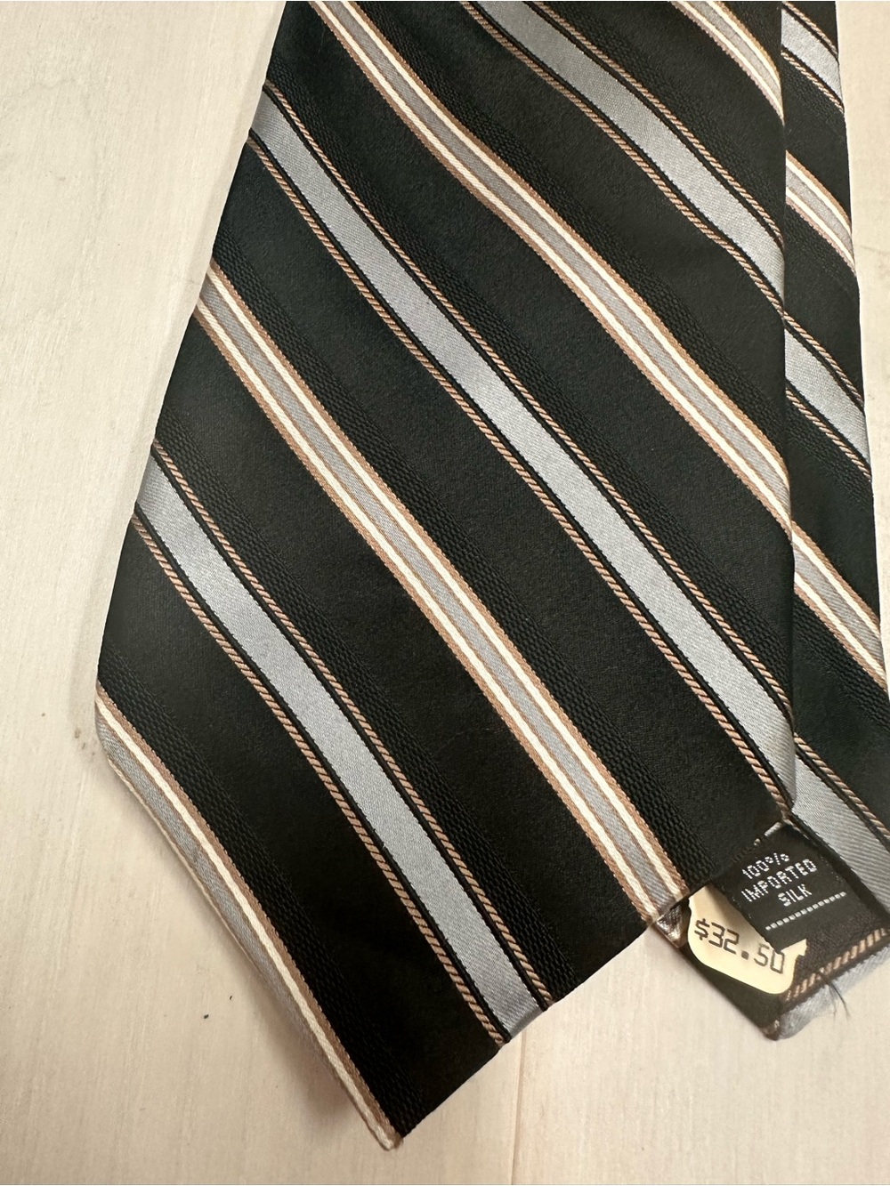 Jones New York Black Silk Tie with Gray and Brown Stripes